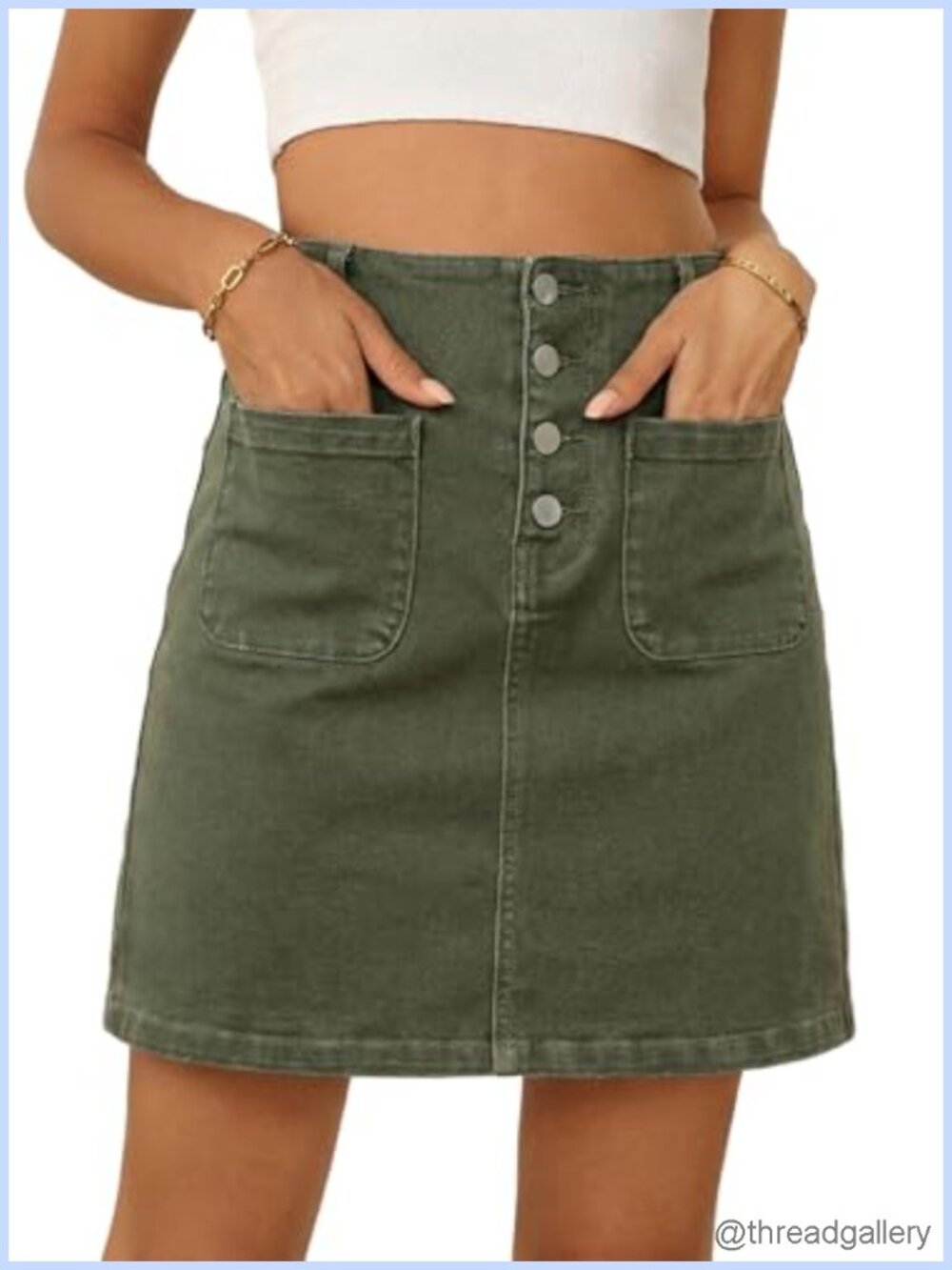 High Waist Denim Skirt with Pockets Stretch A-Line Knee Length Summer